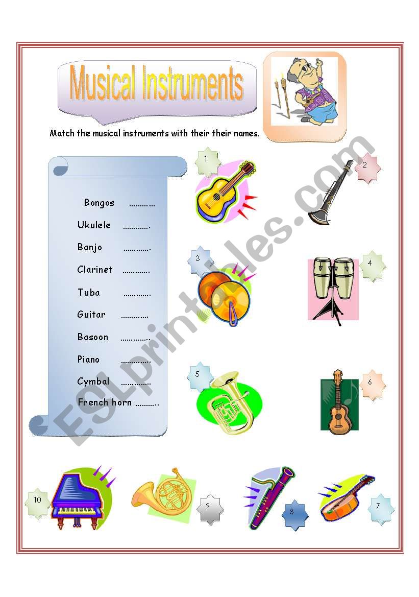 Musical Instruments Match Part 1 ESL worksheet by zhlebor