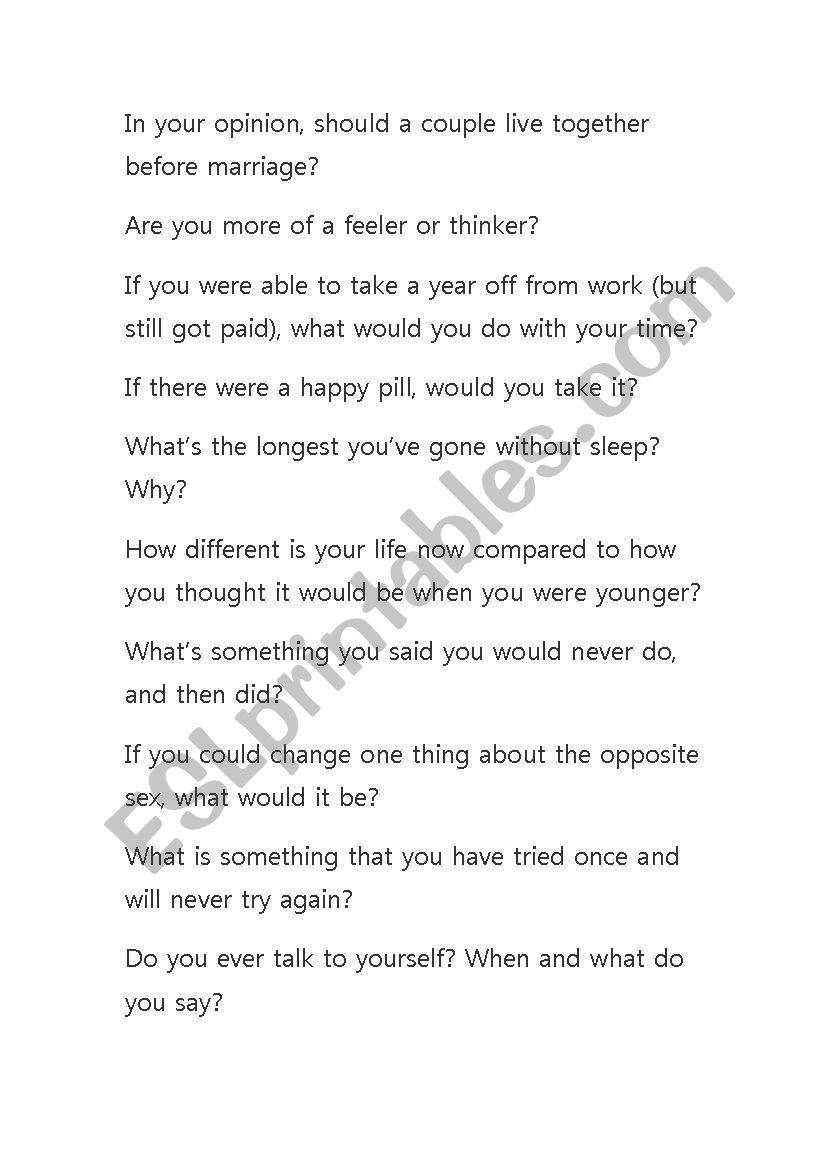 Random Questions ESL worksheet by felipeluiz