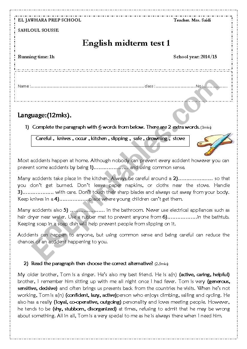 Midterm test 1 9th form ESL worksheet by asser saidi