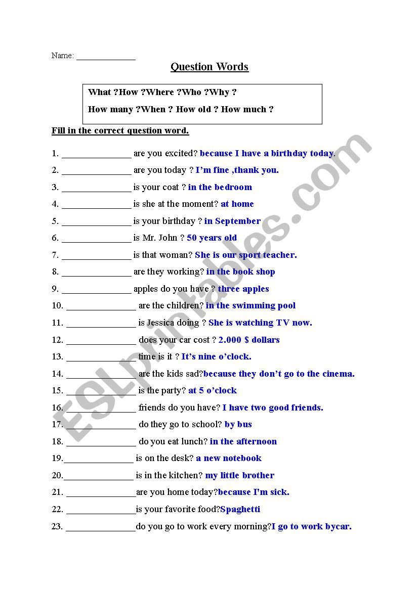 ESL Question Words Worksheet
