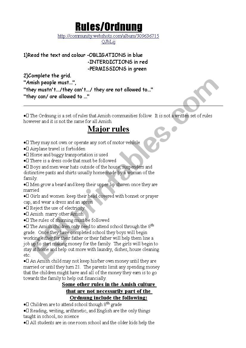 Amish rules ESL worksheet by tinkerbell77