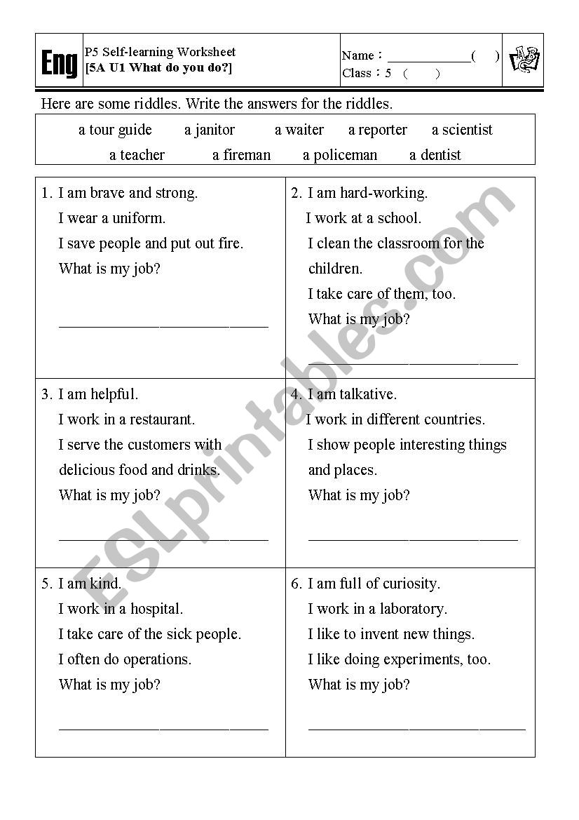 Riddles of Jobs ESL worksheet by tszyeung80