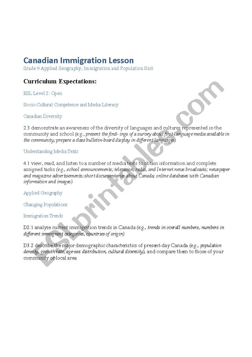 Canadian Immigration Lesson Plan and Performance Task - ESL worksheet