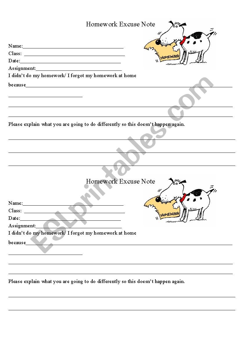 Homework Excuse note ESL worksheet by Miss Bee