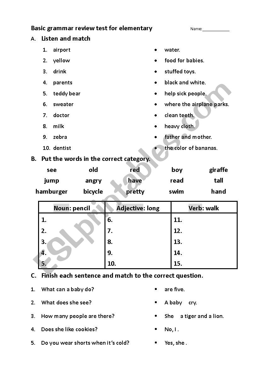 basic grammar test for elementary - ESL worksheet by amy7488kimo