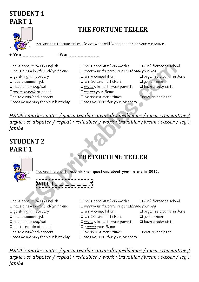 fortune teller ESL worksheet by piwichat