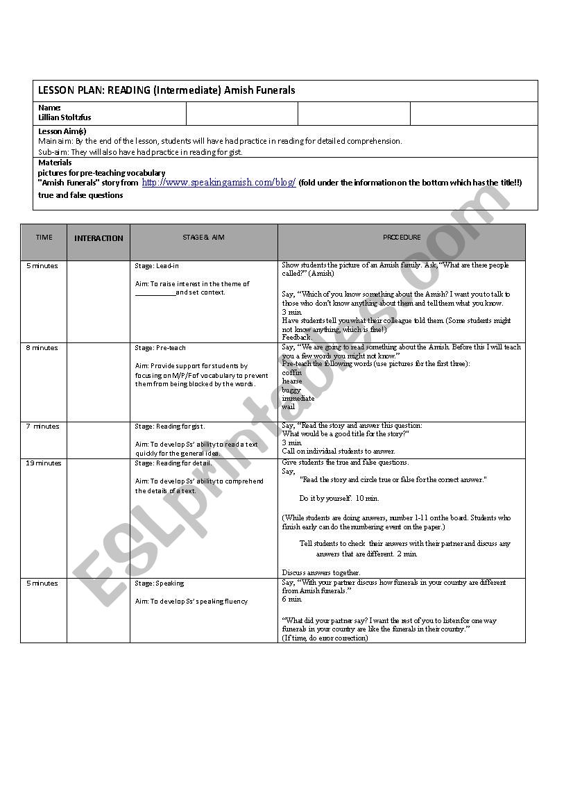 Amish FuneralsIntermediate Reading Lesson ESL worksheet by Lillian200