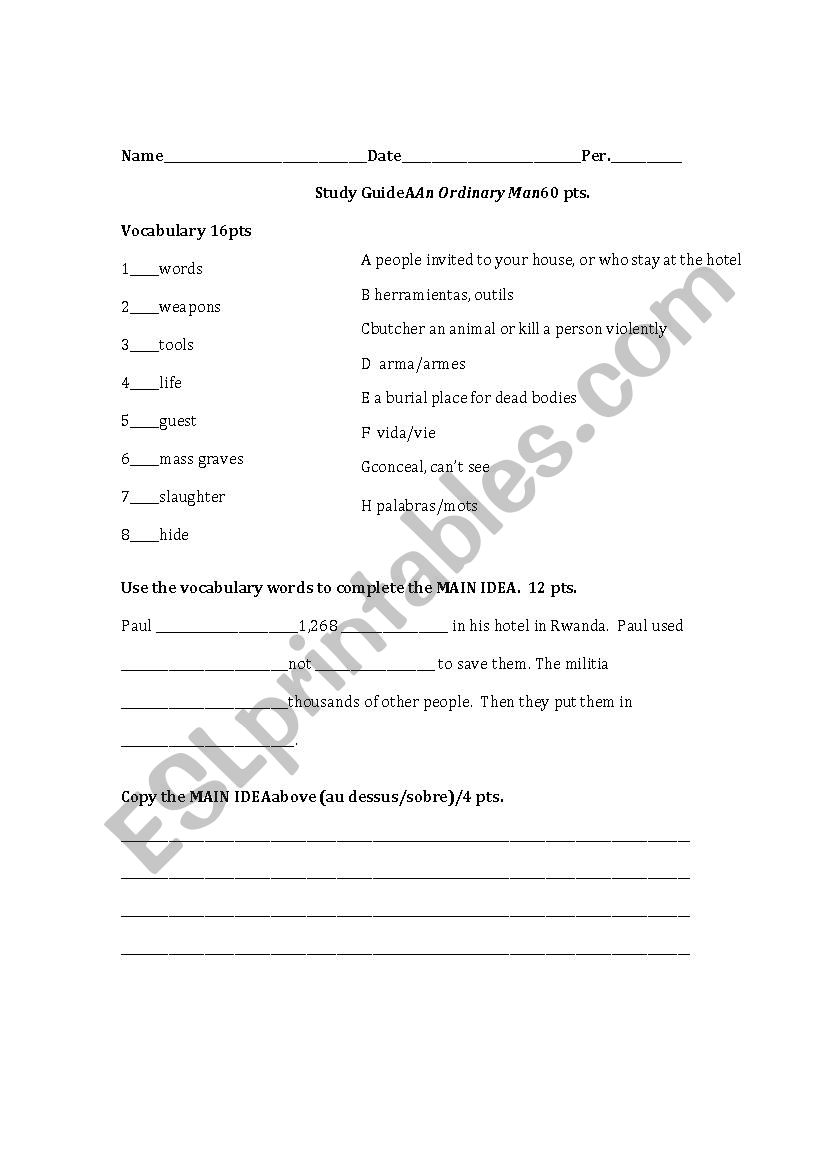 An Ordinary Man Test and Writing Assignment ESL worksheet by rainuree