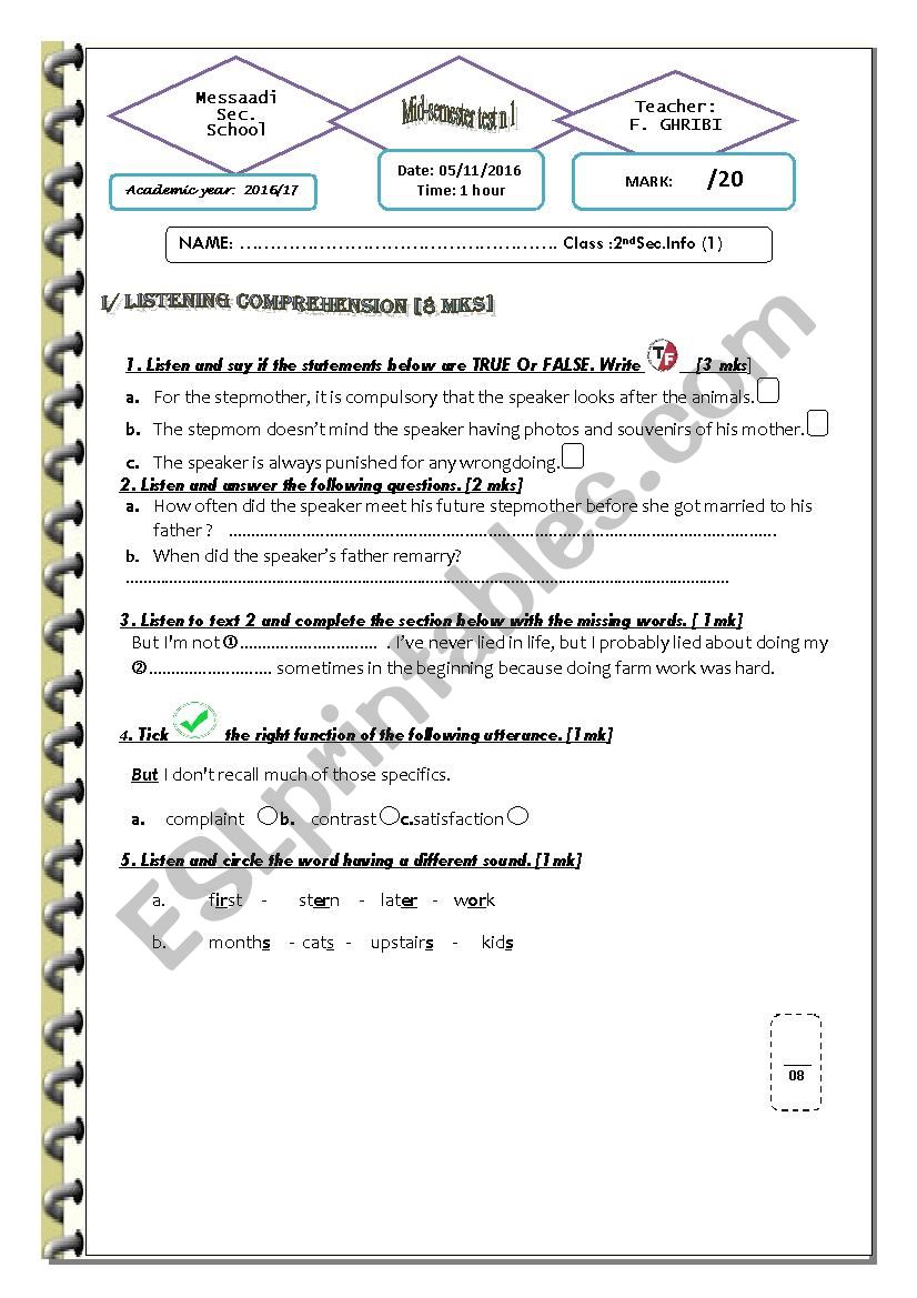 Midsemester test 1 / 2nd sec computer sciences ESL worksheet by faisool