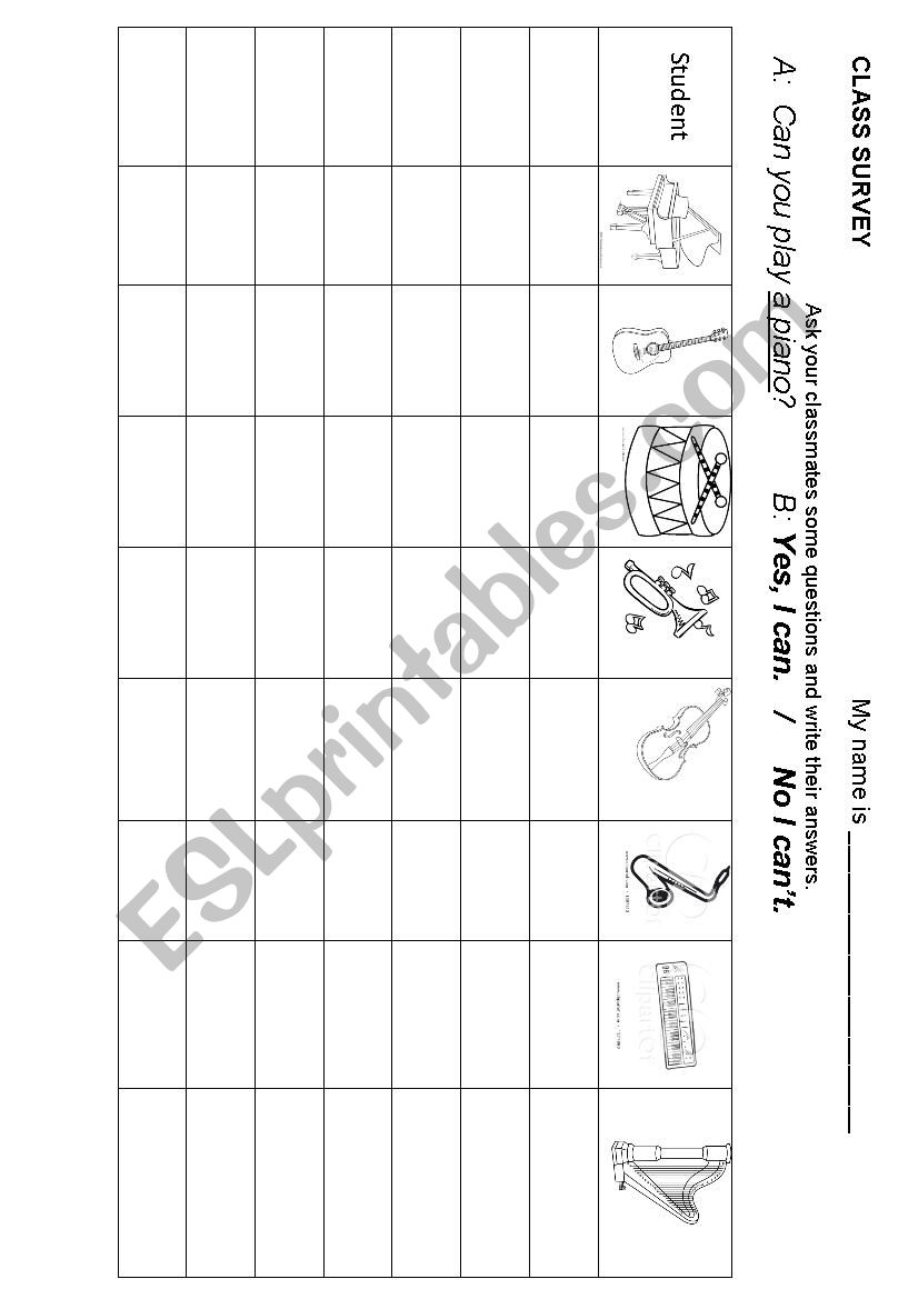 Musical instruments survey ESL worksheet by Svelto