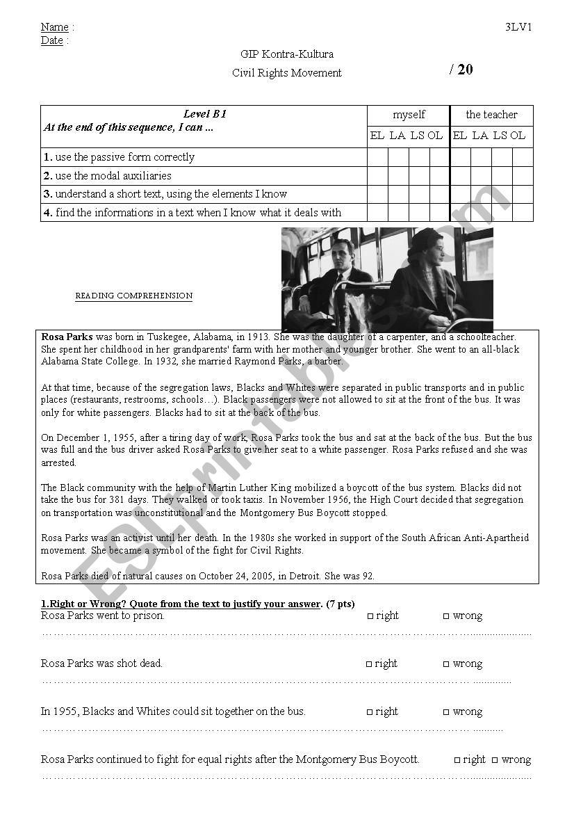 Rosa Parks Reading Comprehension test ESL worksheet by mitzu31