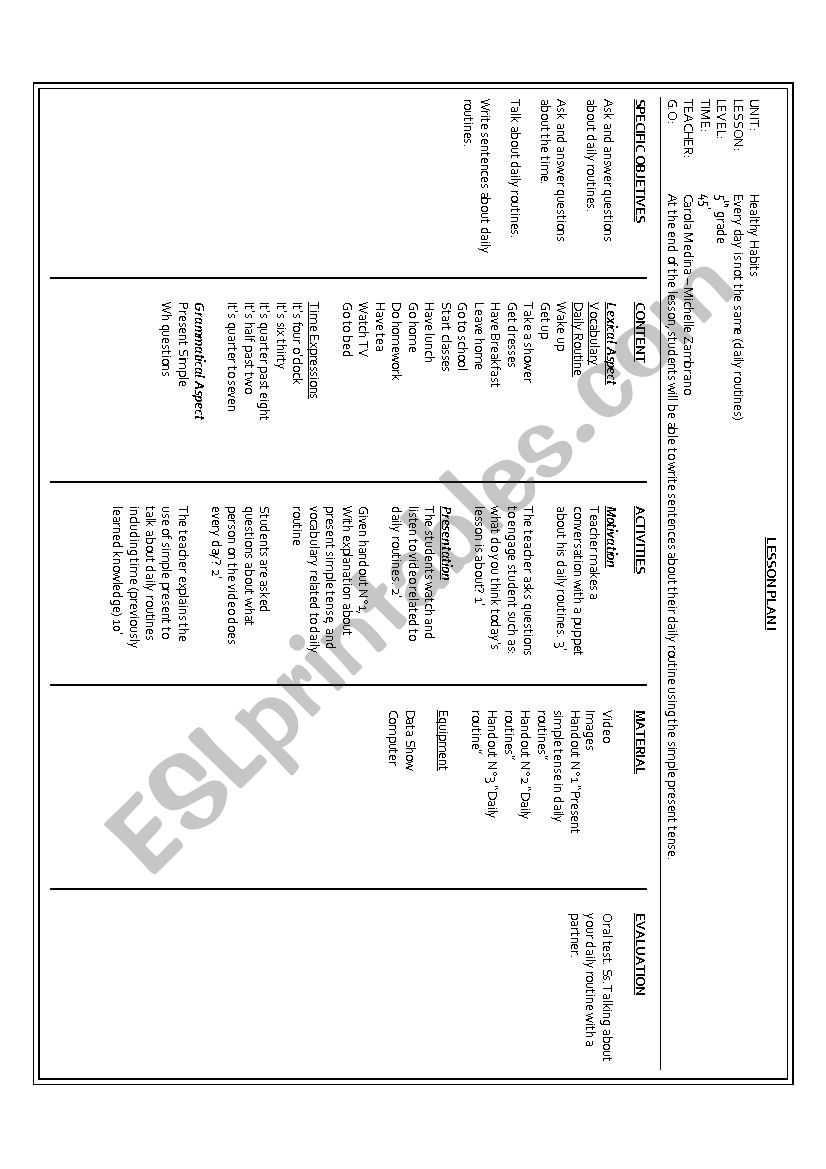 Daily Routine Lesson Plan ESL worksheet by carolamedinay Daily Routine Lesson Plan ESL worksheet by carolamedinay