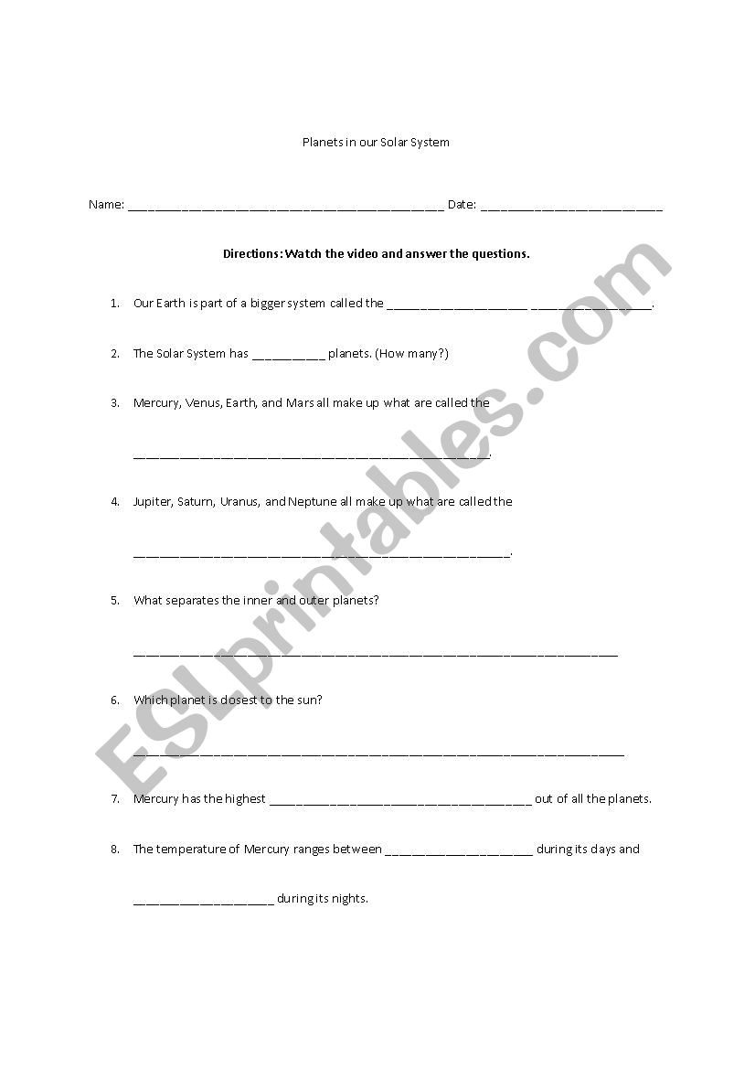 Solar System Questions ESL worksheet by blogginsGSD