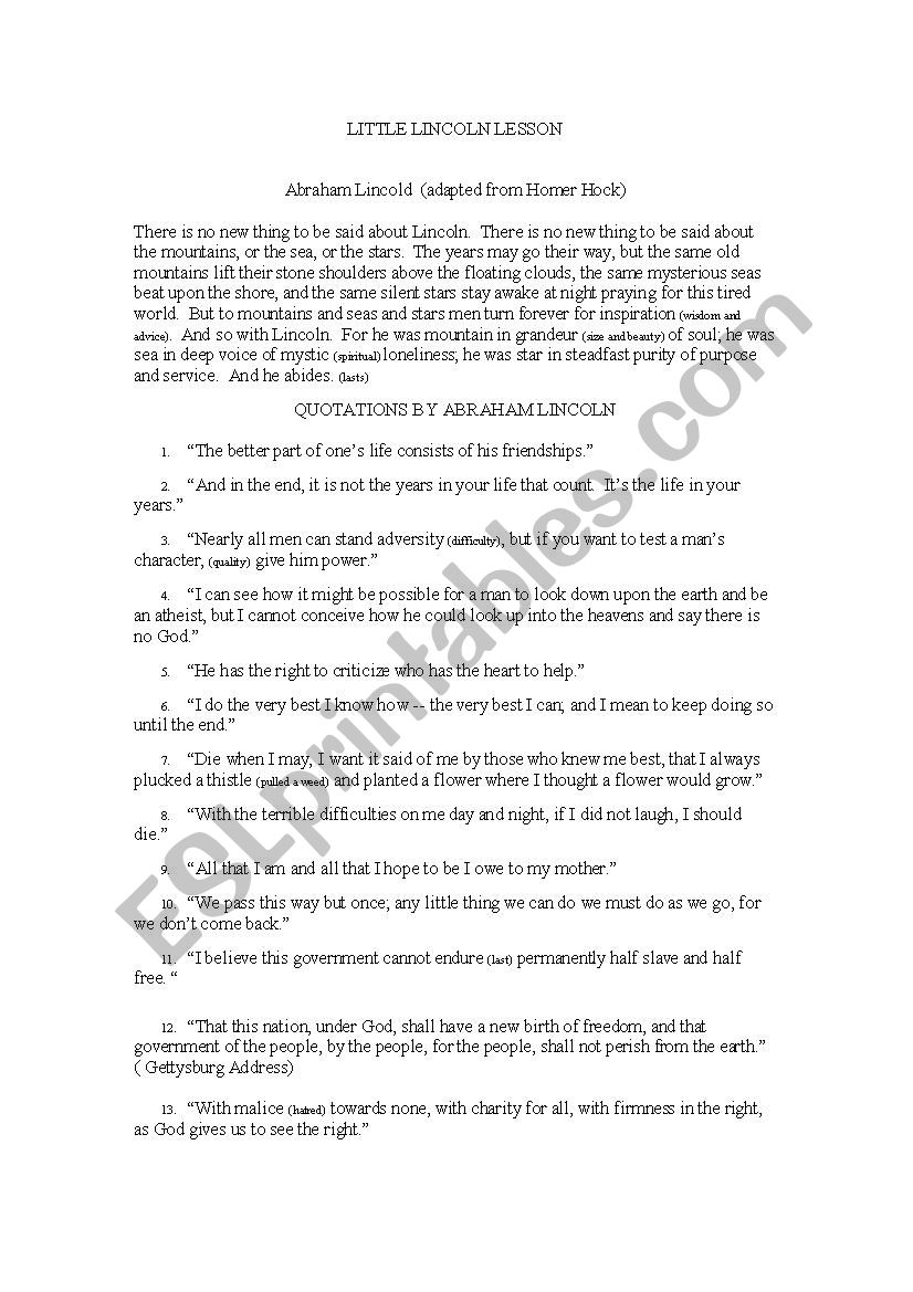 Little Lincoln Lesson ESL worksheet by Mex233