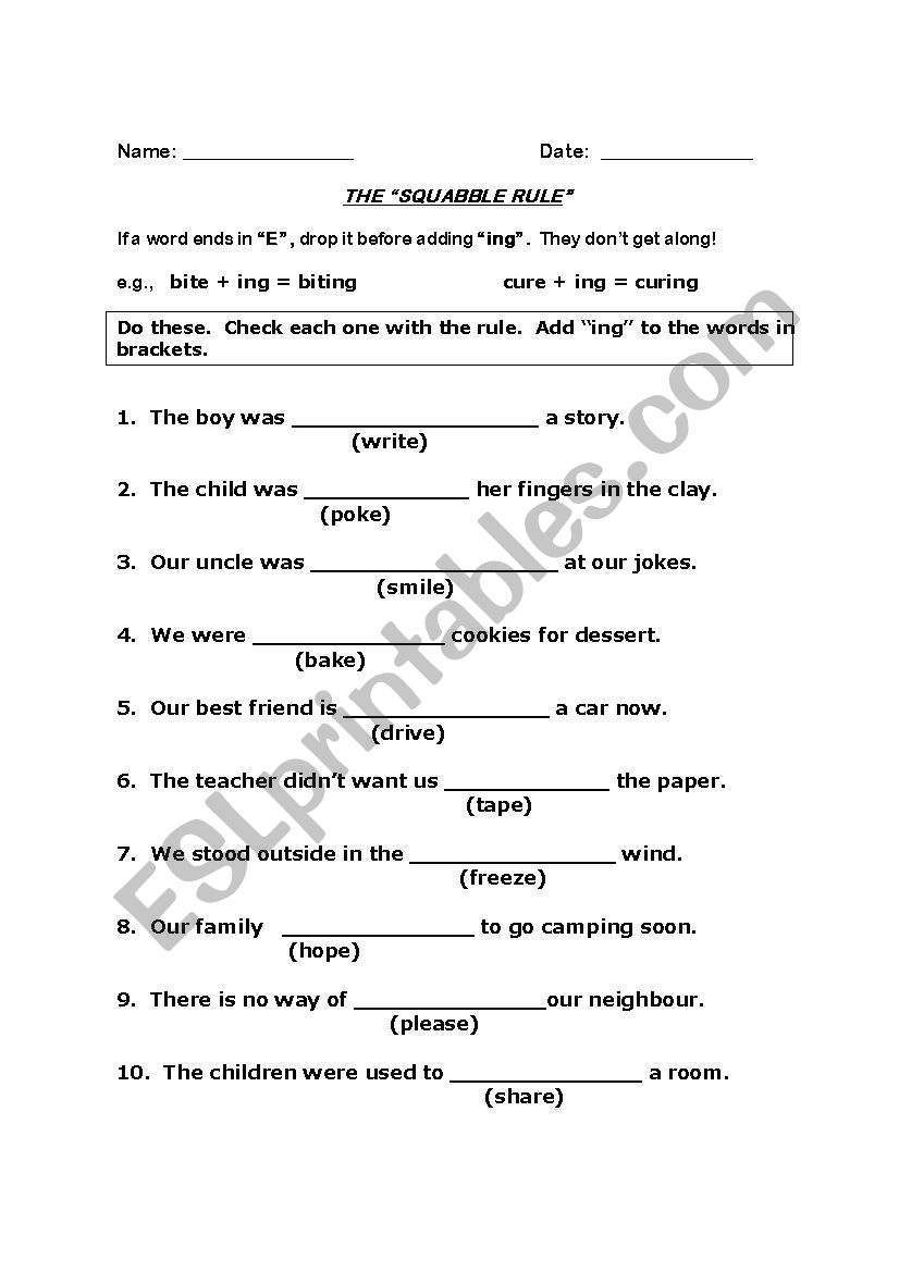 Drop "e" before adding "ing" practice 2 - ESL worksheet by laurieann