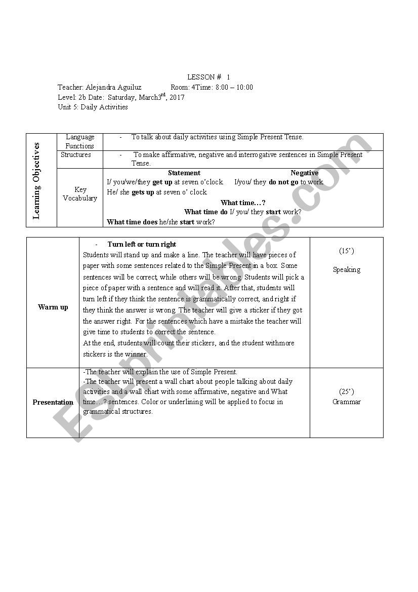 Lesson plan Simple Present Daily activities ESL worksheet by aleas