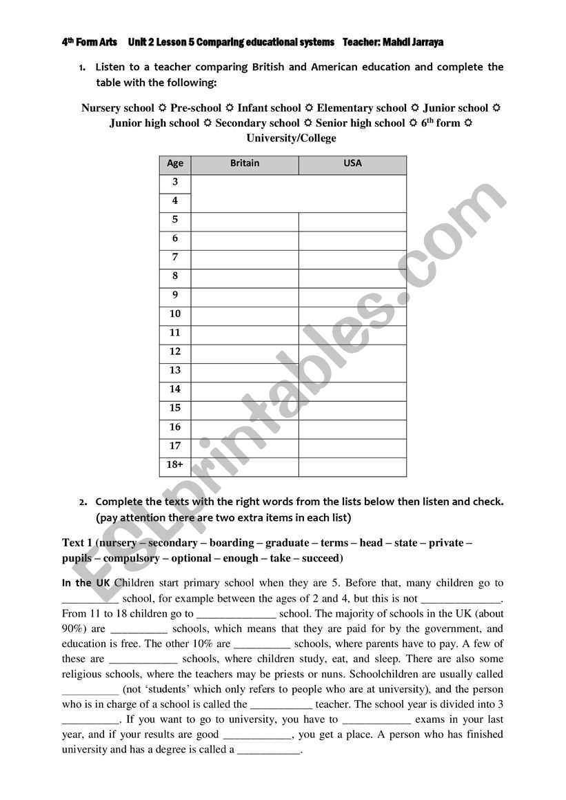 Unit 2 Lesson 5 Comparing educational systems ESL worksheet by mahdo