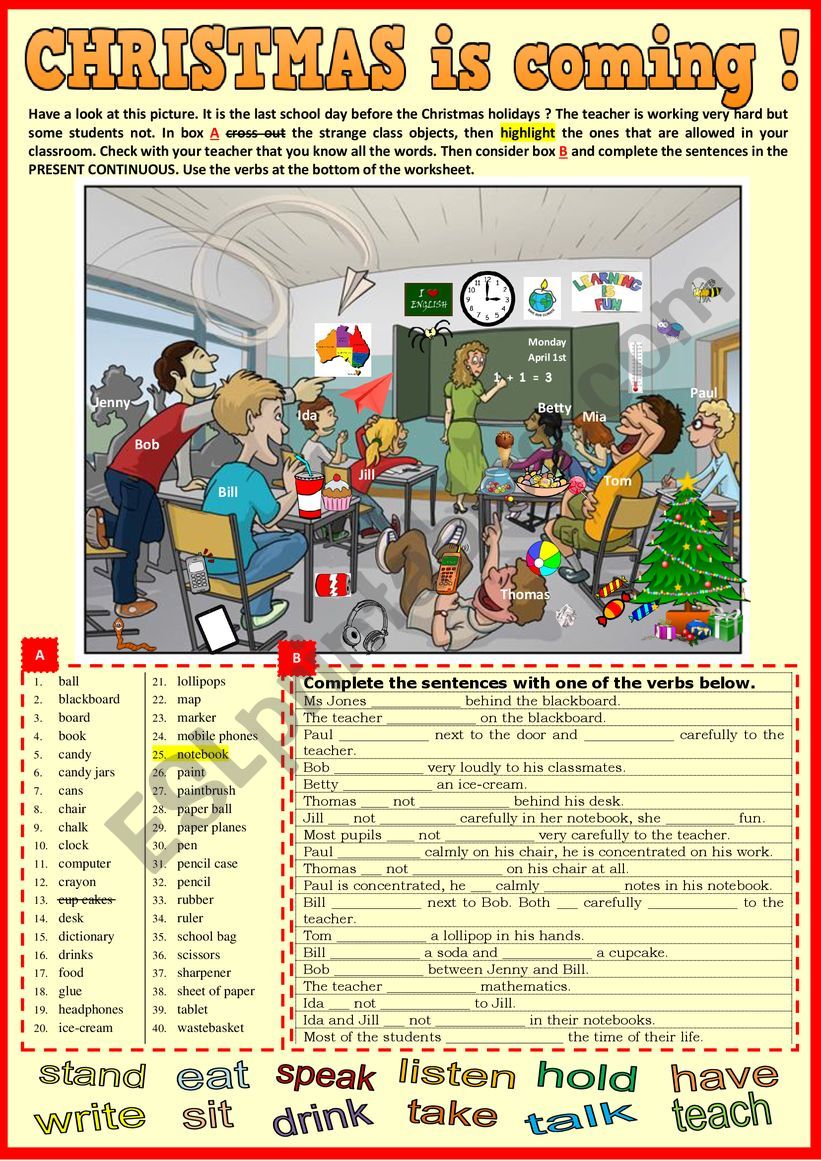 Continuous Play Christmas Carols CHRISTMAS is coming. School Vocabulary and Present Continuous revision