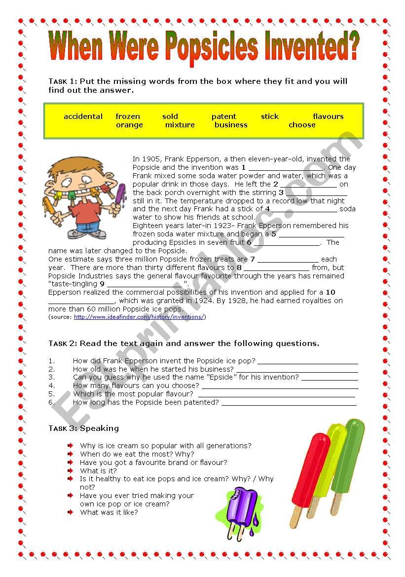 When Were Popsicles Invented? ESL worksheet by jujuka