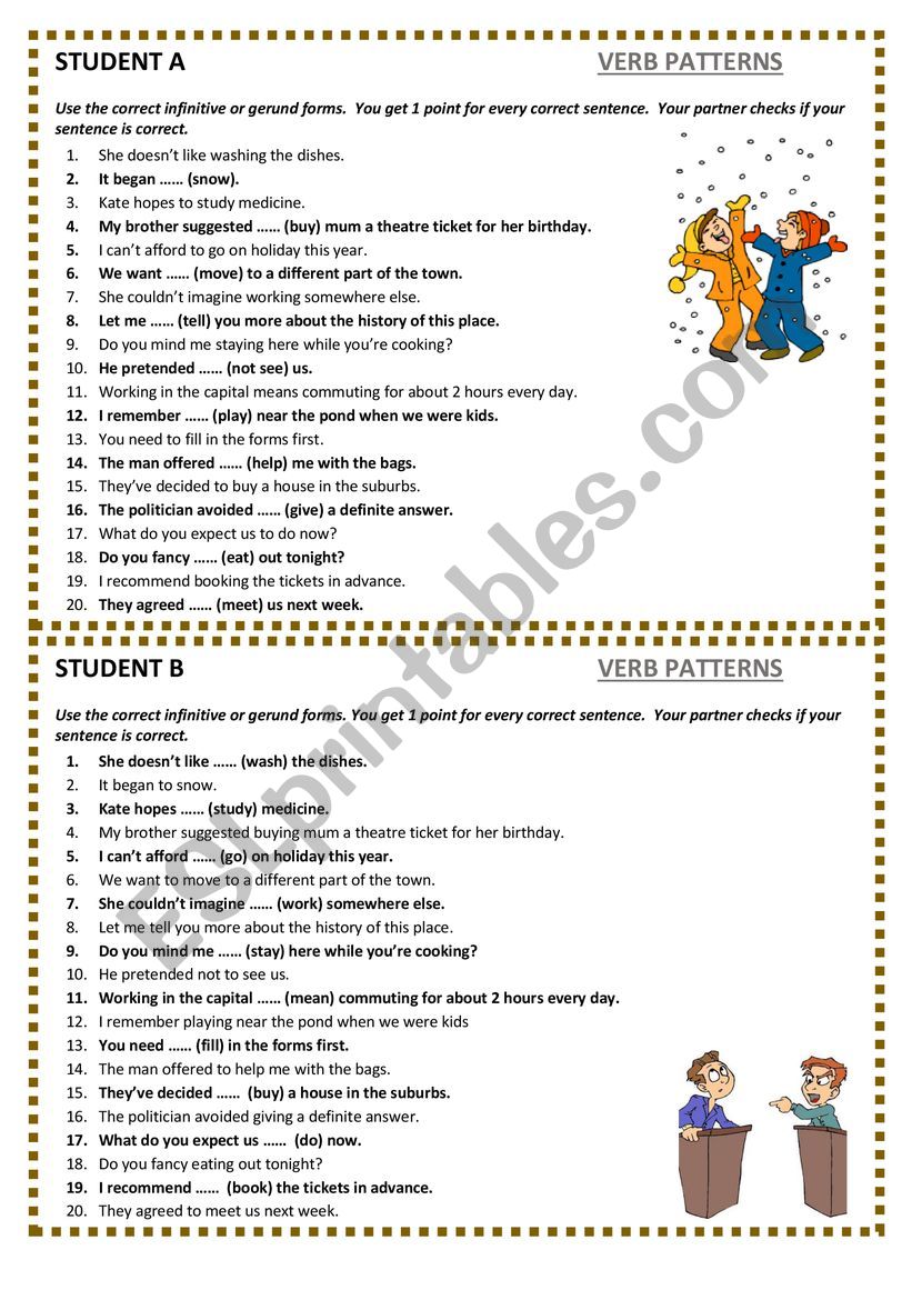Verb Patterns pair work ESL worksheet by Petpet