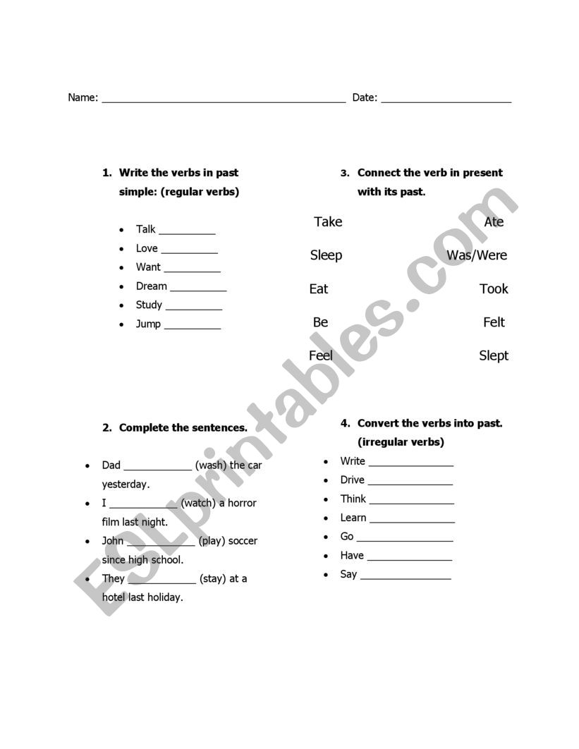 Simple past test (Verbs) ESL worksheet by TeacherJesse17