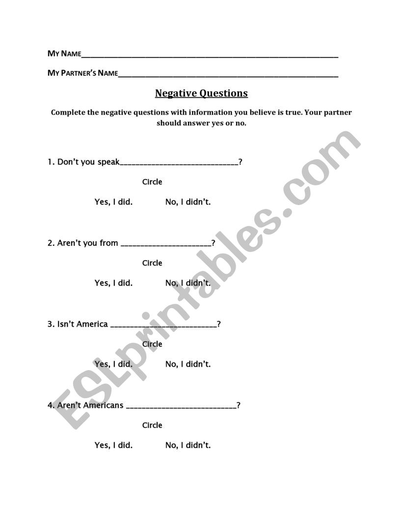 Negative Questions ESL worksheet by teacheruriah