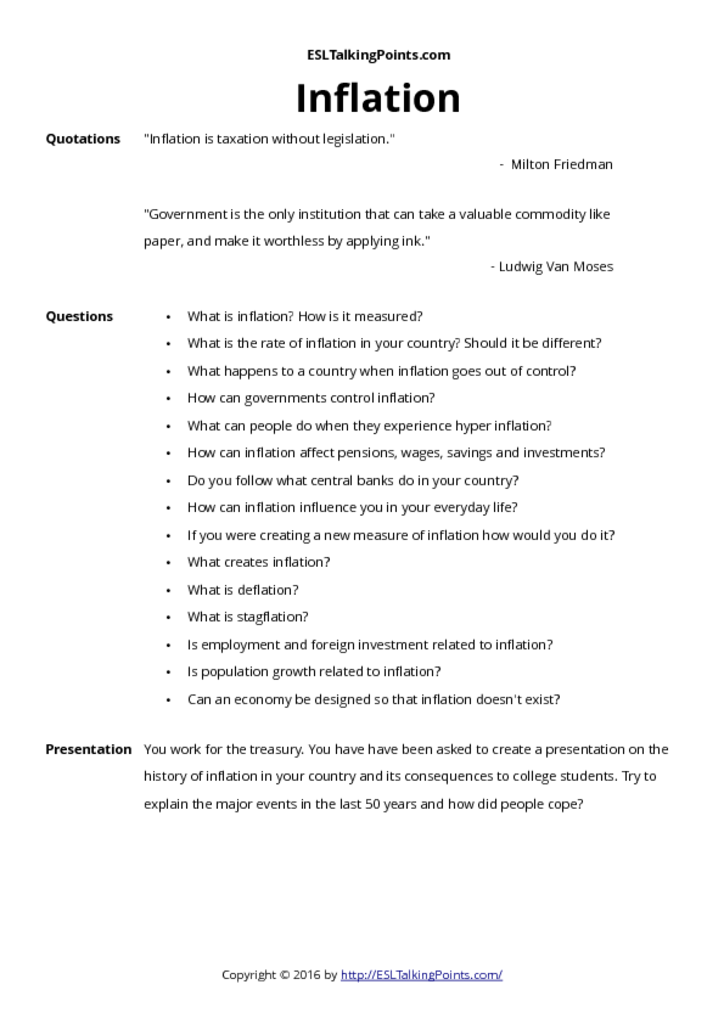 Inflation ESL Conversation Questions and Speaking Activities