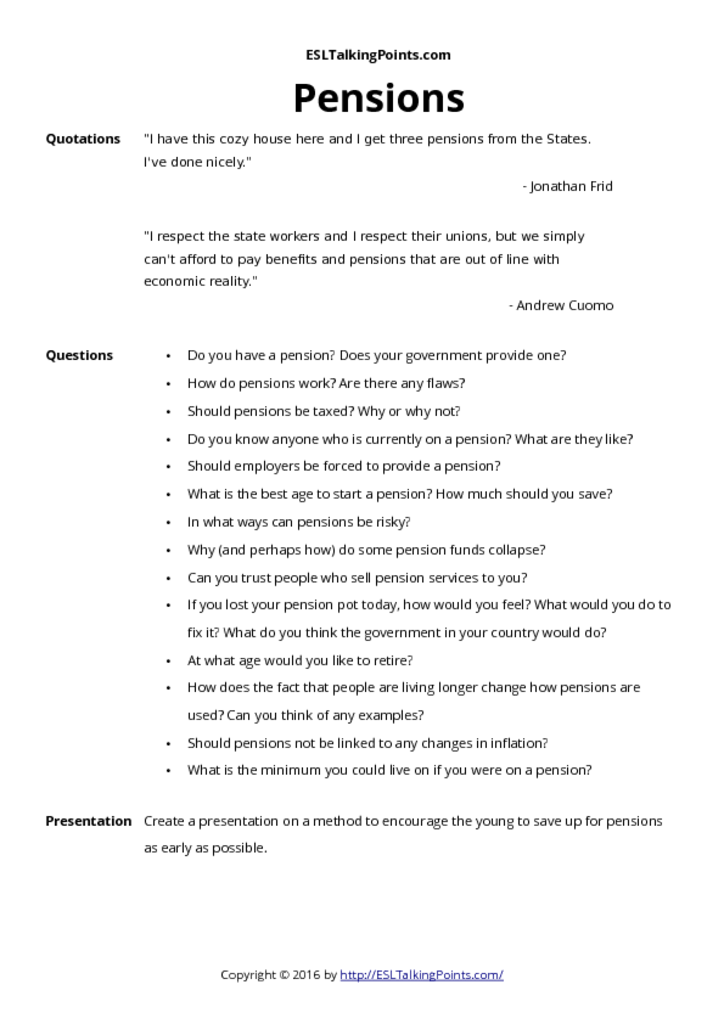 Pensions ESL Conversation Questions and Speaking Activities