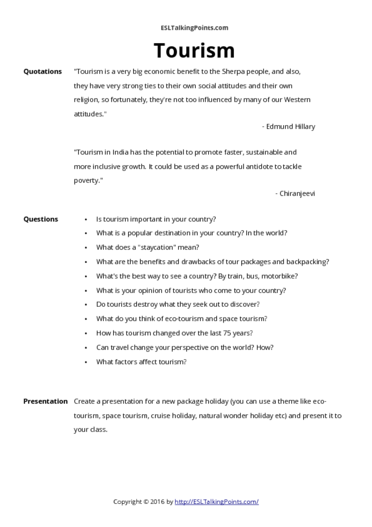 Tourism ESL Conversation Questions and Speaking Activities