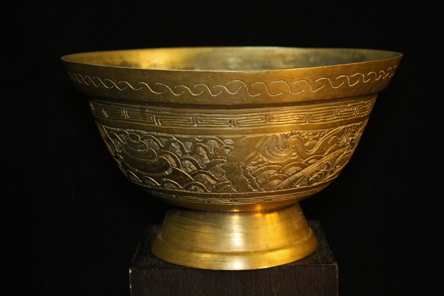 Antique Brass Bowl with Incised Designs. China for sale