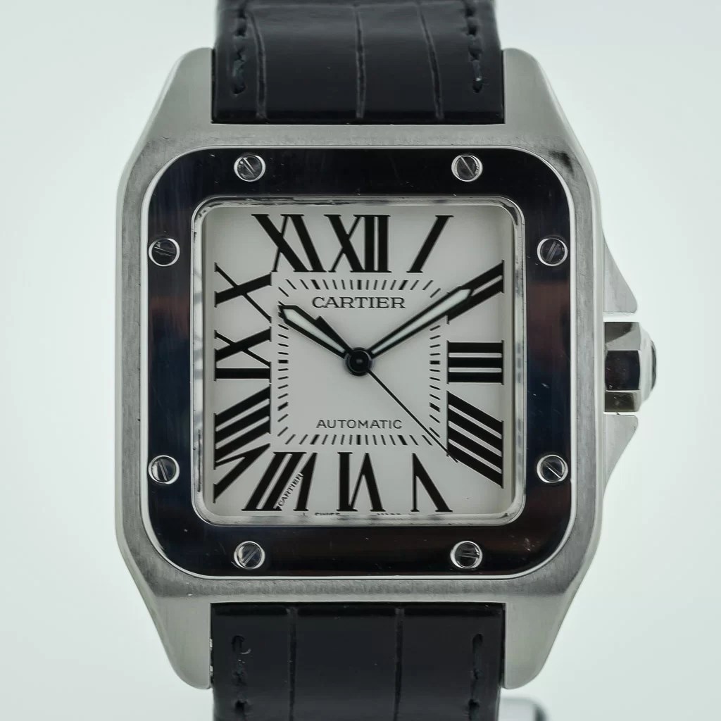 Cartier Santos 100 Xl Ref 2656 Mens Stainless Steel Automatic New Black Leather Band Box Papers Estates Consignments Cartier Santos 100 Xl Ref 2656 Mens Stainless Steel Automatic New Black Leather Band Box Papers