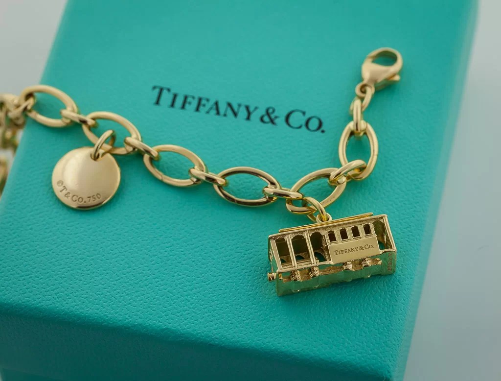 Tiffany & Co Charm Bracelet, 18K Yellow Gold, Cable Car, Eiffel Tower