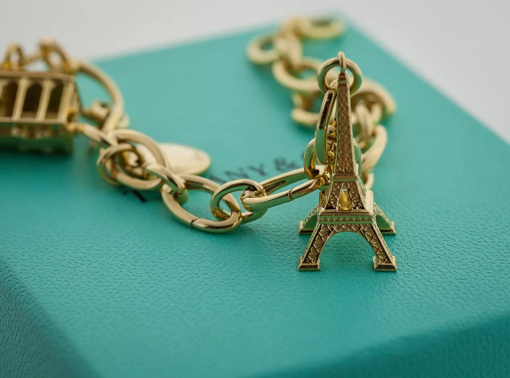 Tiffany & Co Charm Bracelet, 18K Yellow Gold, Cable Car, Eiffel Tower
