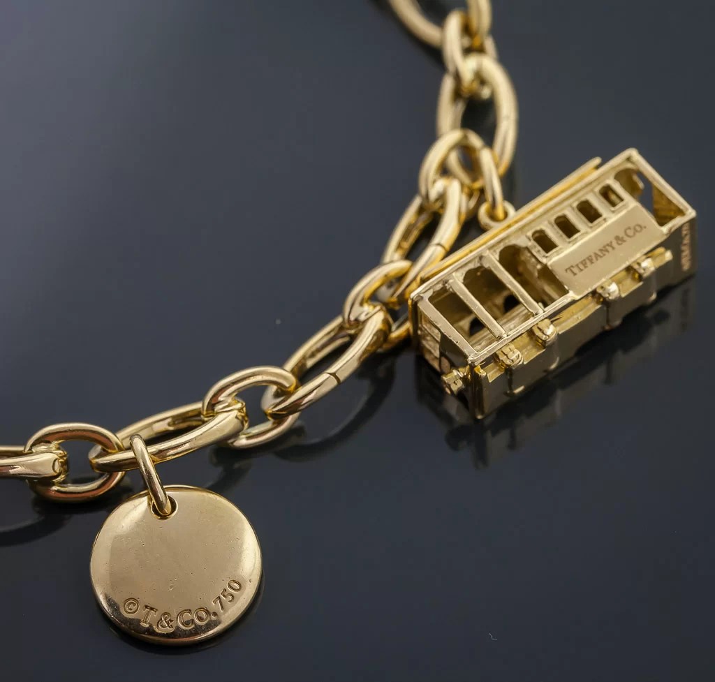 Tiffany & Co Charm Bracelet, 18K Yellow Gold, Cable Car, Eiffel Tower