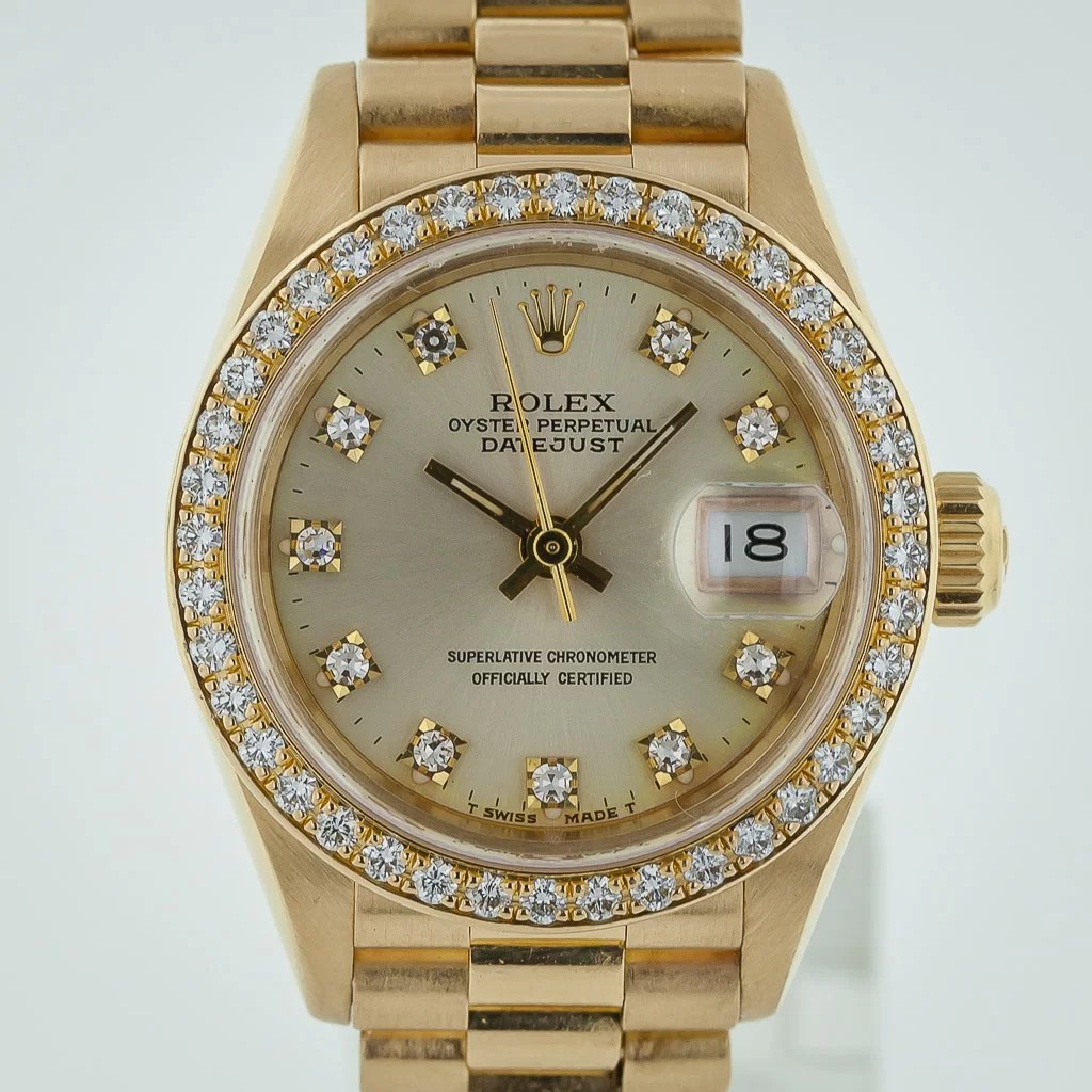 Rolex Datejust Ladies President Crown Collection Ref 69138 18k Yellow Gold Dia Dial Bezel Estates Consignments Rolex Datejust Ladies President Crown Collection Ref 69138 18k Yellow Gold Dia Dial And Bezel