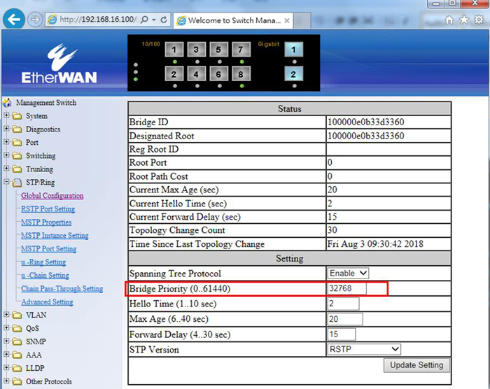 How to make a root switch of STP/RSTP network manually? EtherWAN