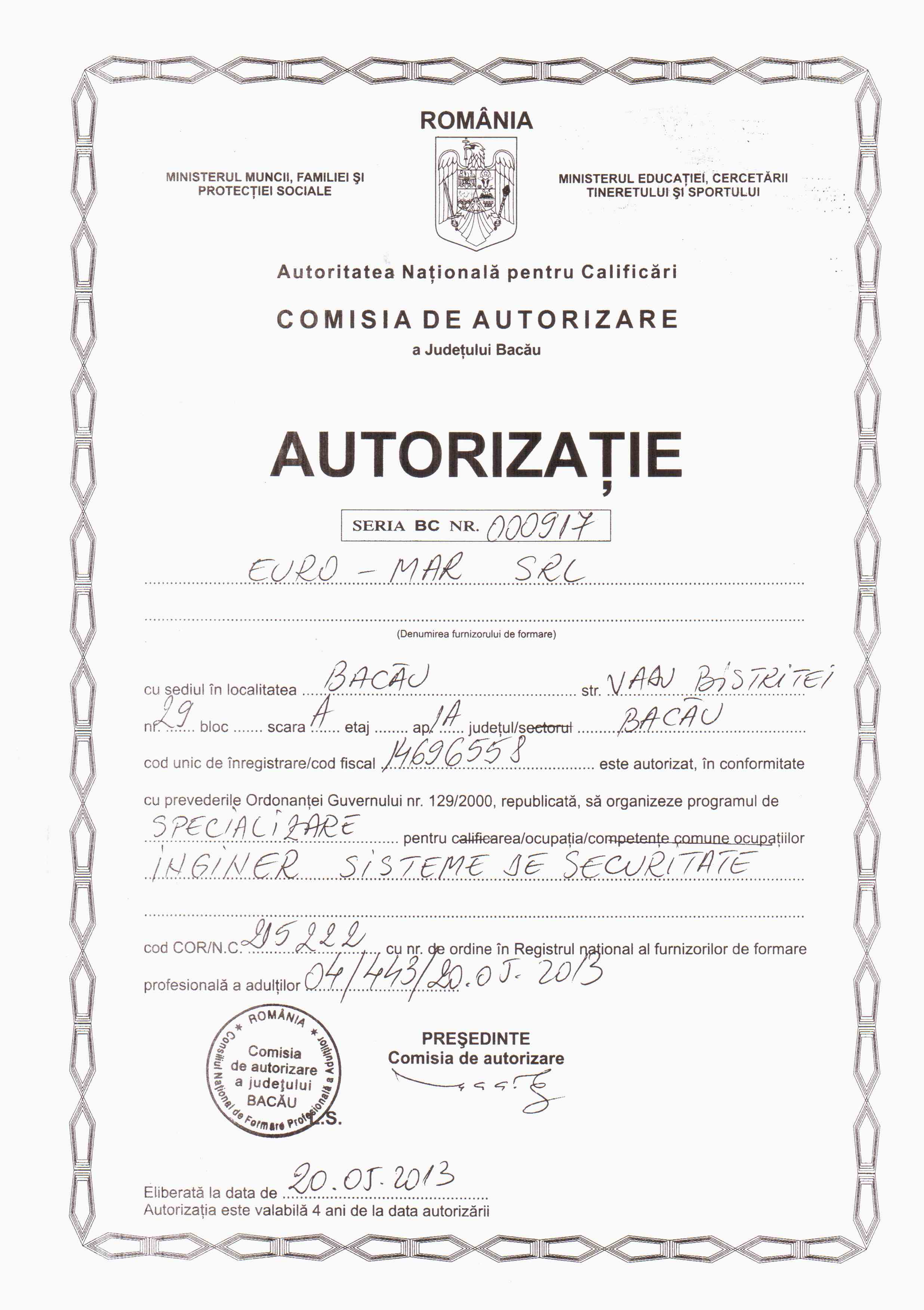 Curs Inginer Sisteme de Securitate EURO MAR SECURITY