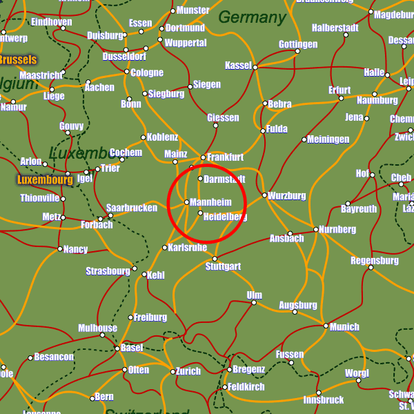 Map Of Germany Mannheim Mannheim Rail Maps and Stations from European Rail Guide