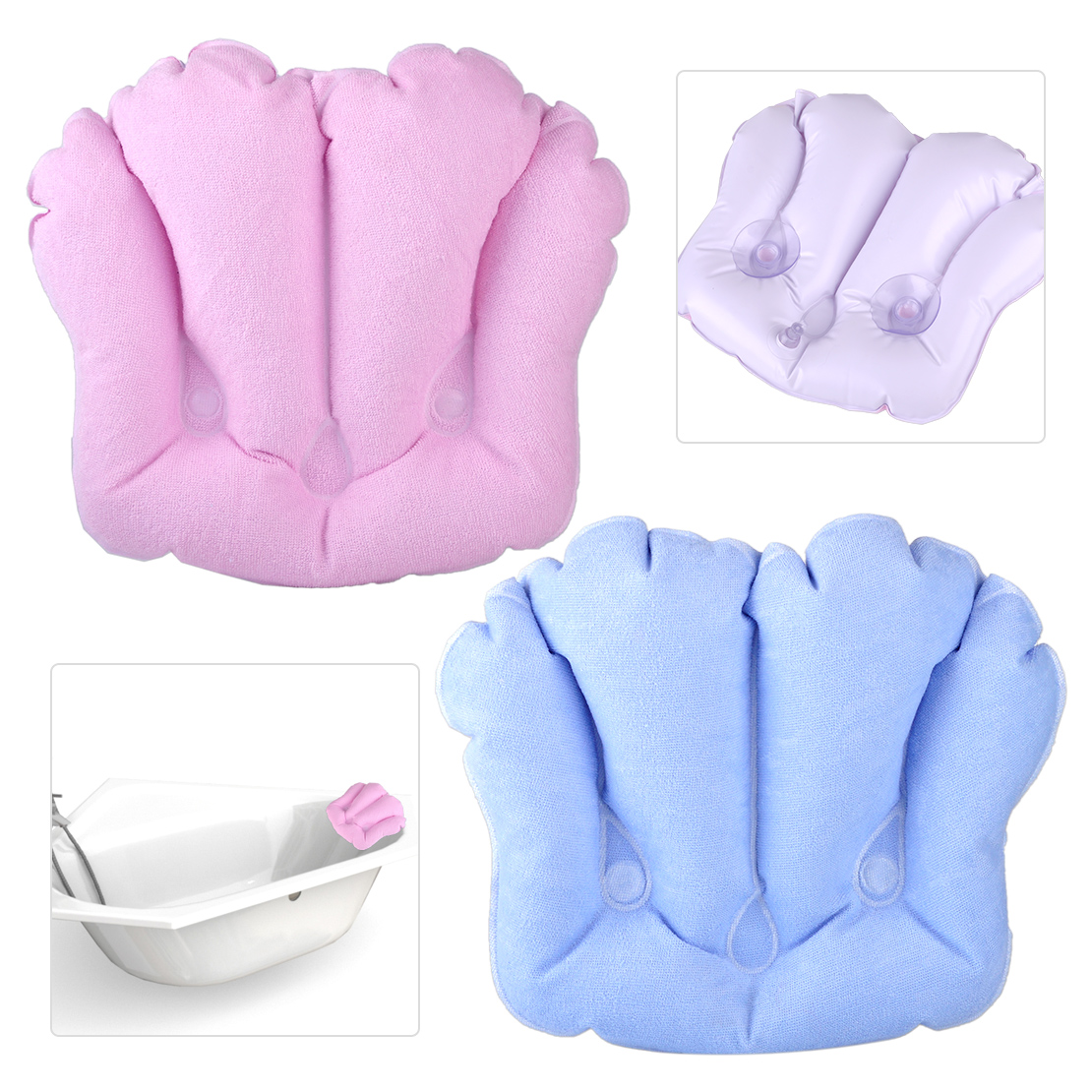 38x27.5cm Shell Inflatable Terrycloth Bath Pillow Suction Cup Spa Neck
