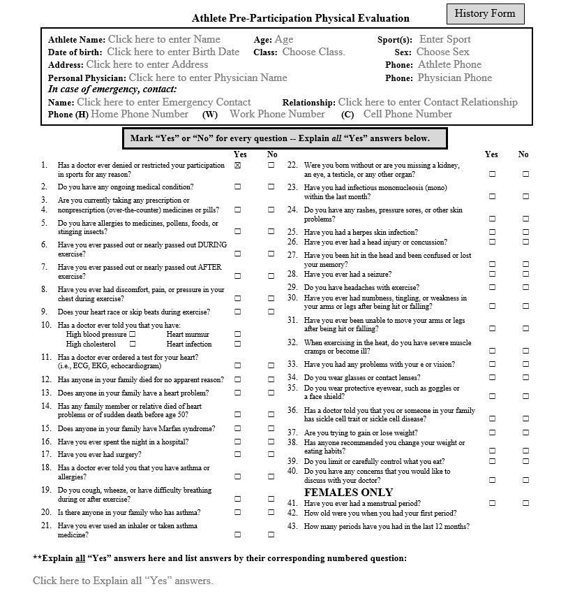 Athlete PreParticipation Evaluation Athletic Evaluation Forms