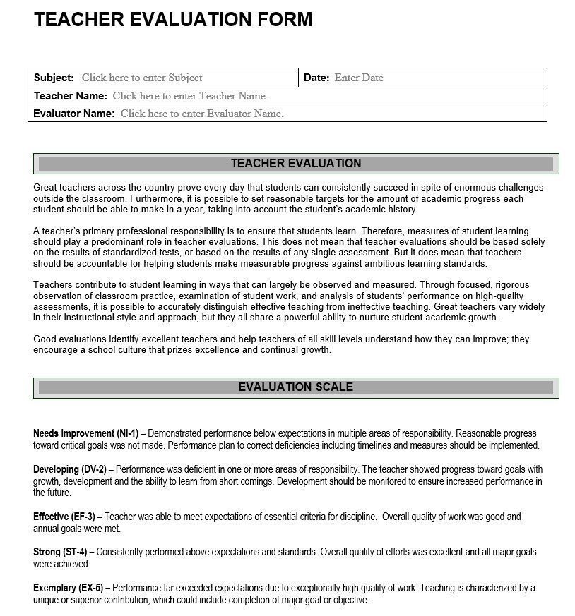 Teacher Evaluation Form Assessment of Teacher Effectiveness