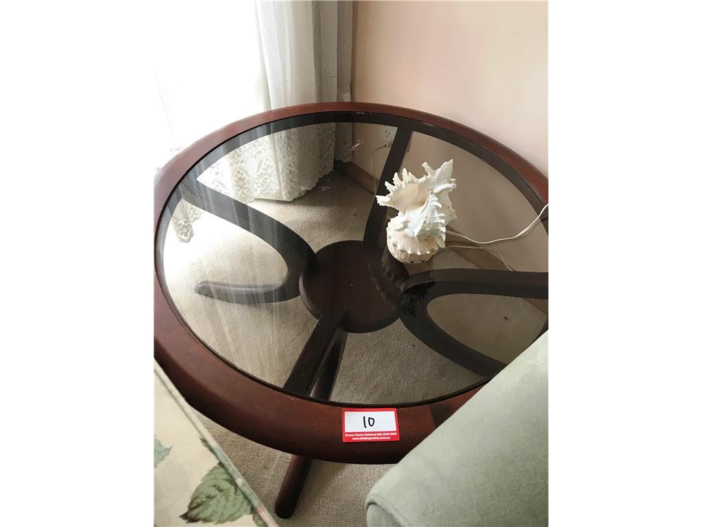 Glass Top Coffee Table with Stylish Timber Legs 900mm Diameter [95564+10]