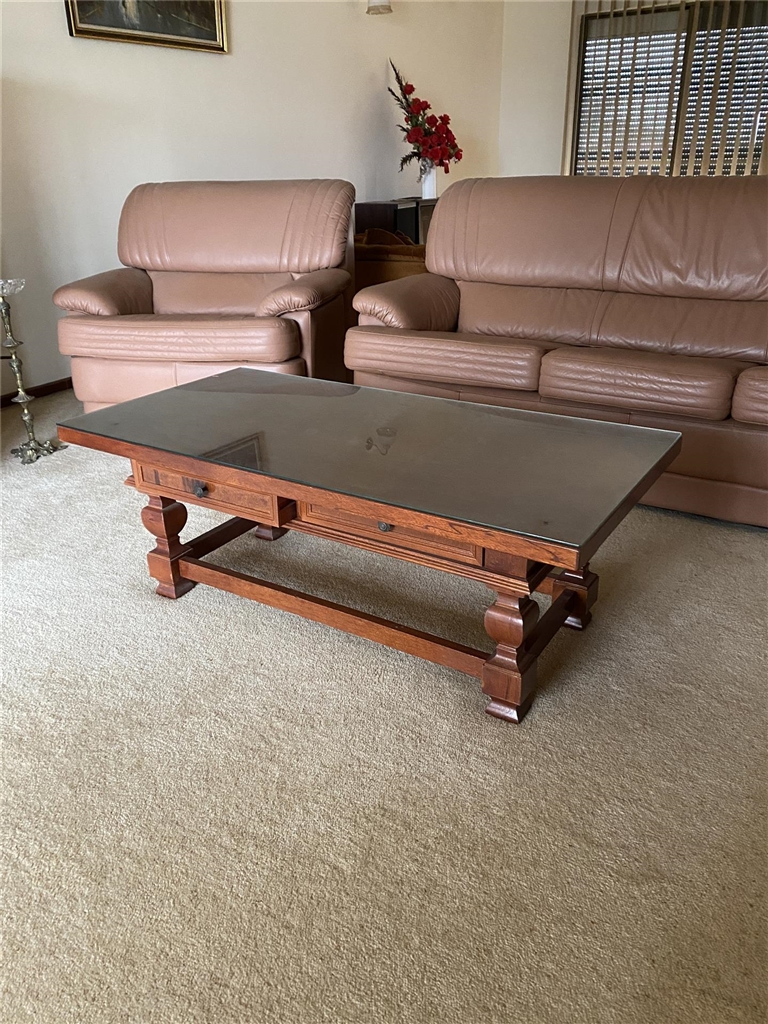 Timber Coffee Table 2 Drawers with Glass Top ( collect From Queenstown )