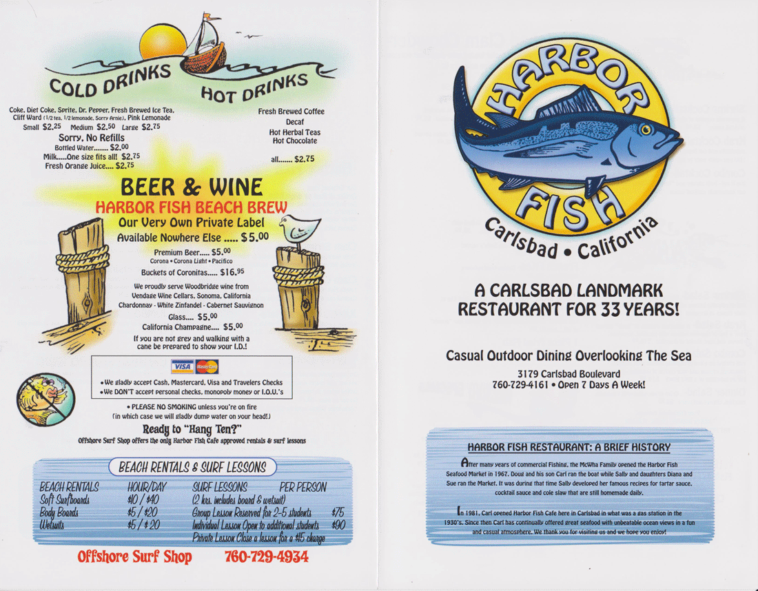 Harbor Fish Cafe Menu Carlsbad Evan's Menus