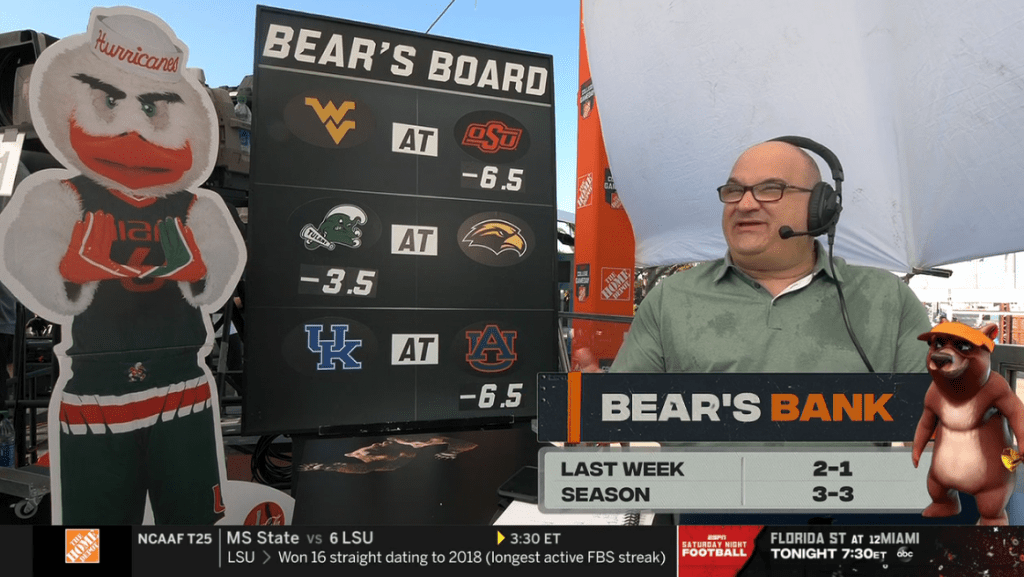 Chris Fallica Bear's Bank Week 4 2020 Picks On ESPN College Gameday SaturdaySelections