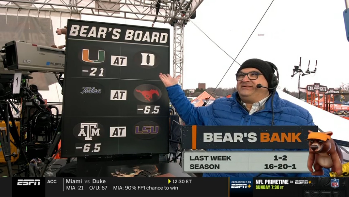 Bear's Bank Picks Chris Fallica Week 13 2021 College Football Picks on