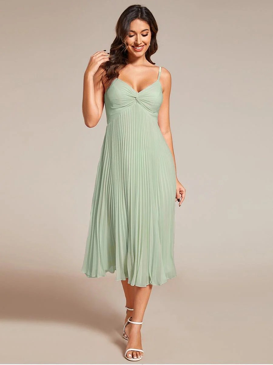 Spaghetti Straps Cascading Pleated Wedding Guest Dress with VNeck