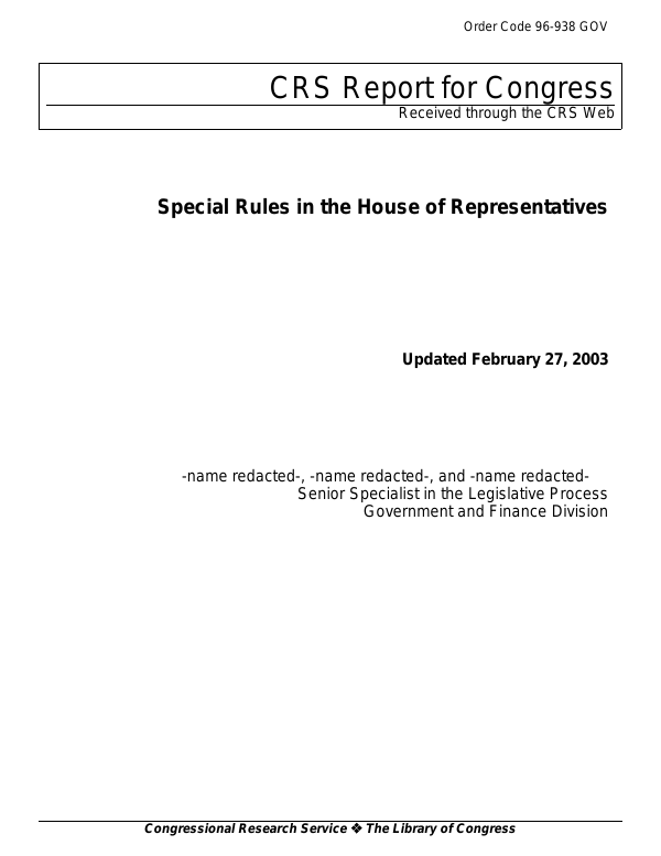 Special Rules in the House of Representatives