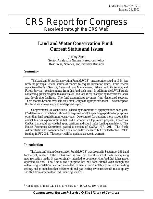 Land and Water Conservation Fund Current Status and Issues