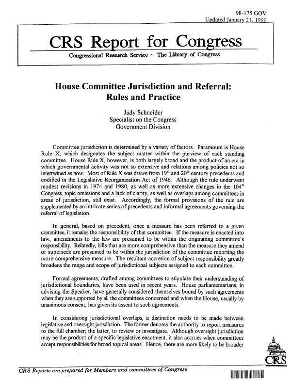 House Committee Jurisdiction and Referral Rules and Practice
